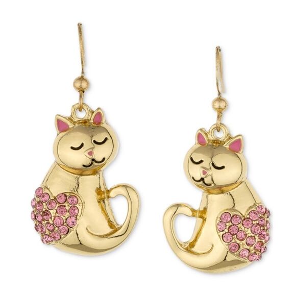 Holiday Lane Gold-Tone Pave Heart Cat Drop Earrings - Picture 1 of 4